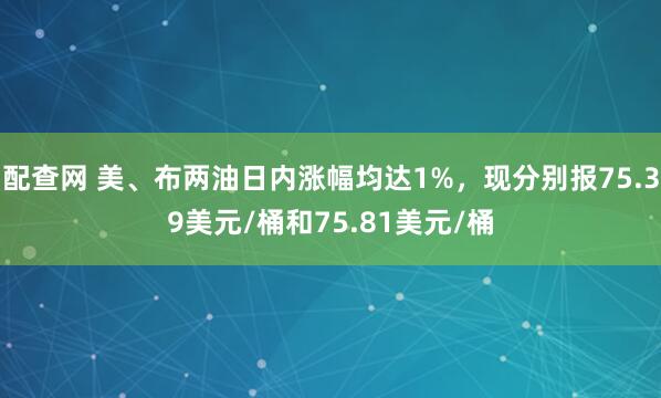 配查网 美、布两油日内涨幅均达1%，现分别报75.39美元/桶和75.81美元/桶